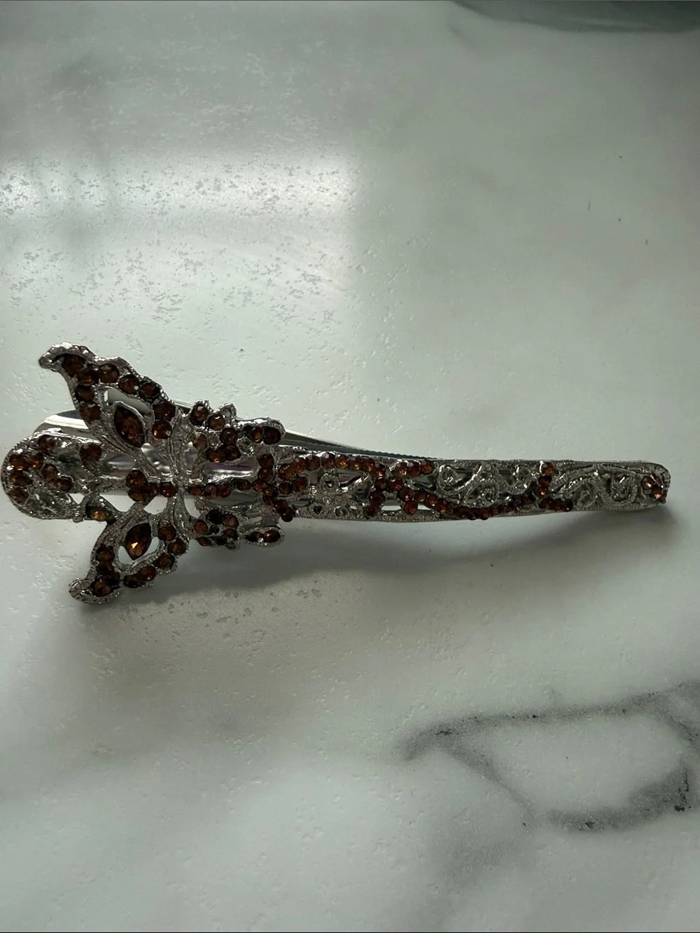 Silver-tone Barrette with Amber Rhinestones